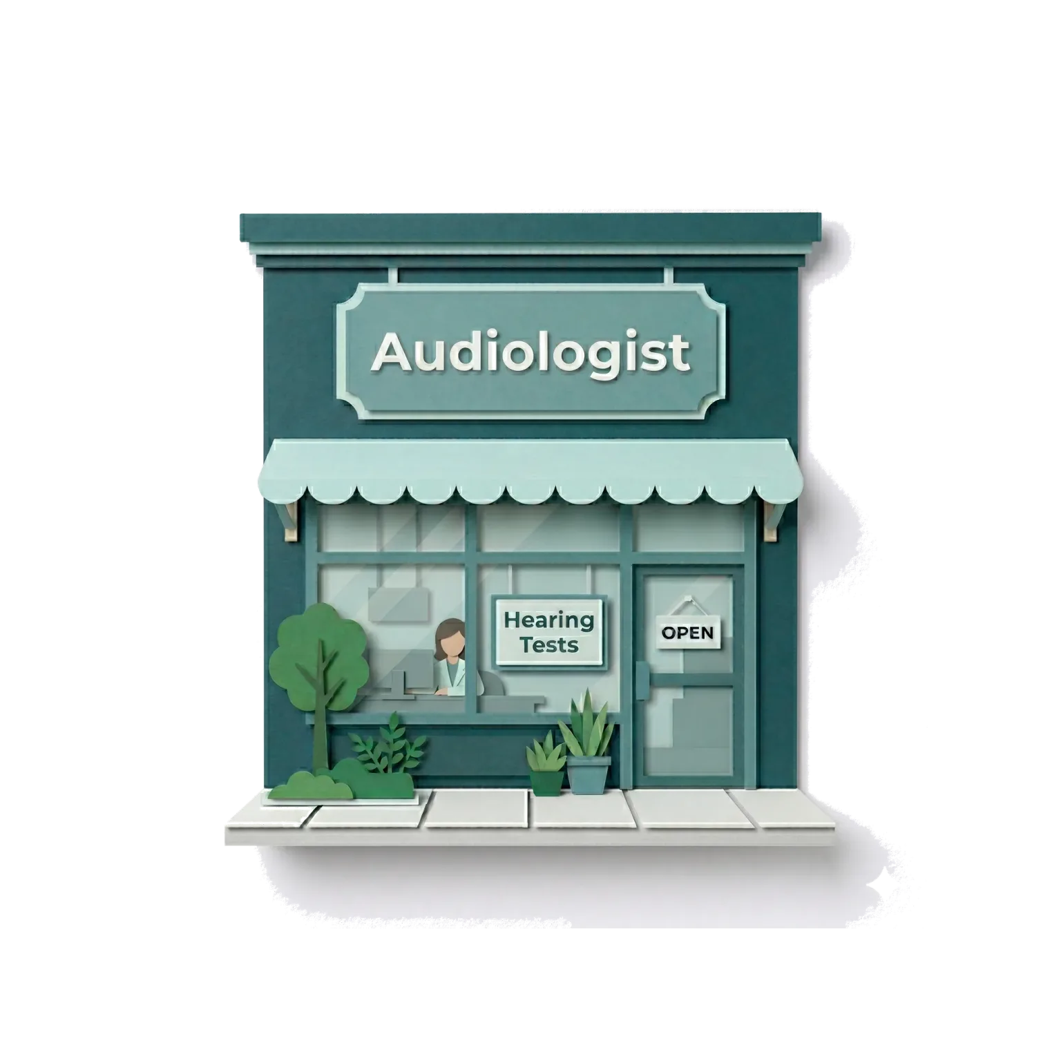 Audiologist clinic storefront with hearing tests sign - find a hearing specialist near you