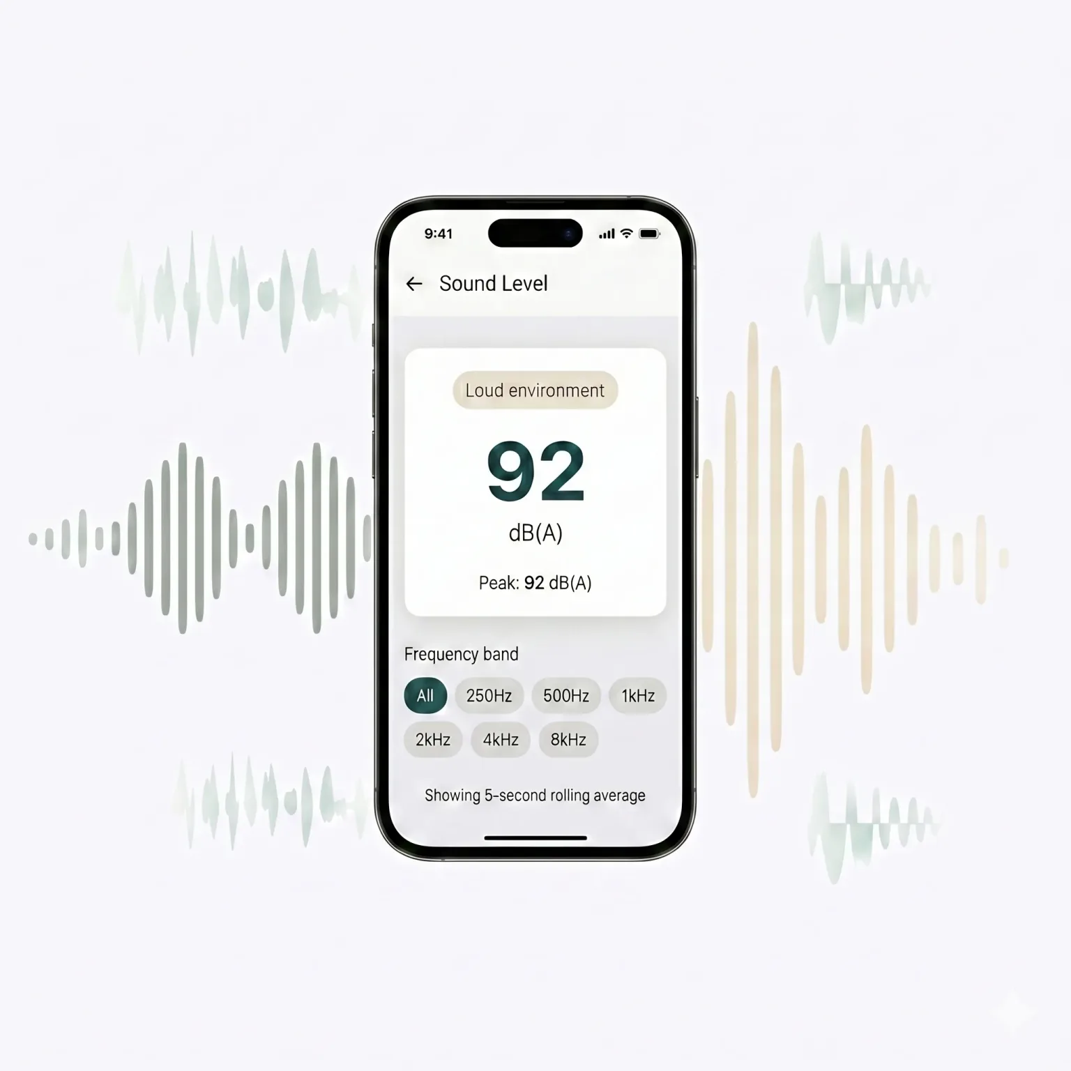 LSTN sound level meter app showing 92 dB noise reading on iPhone