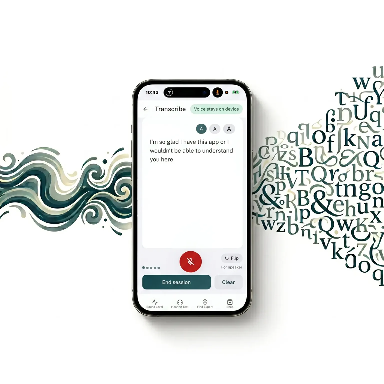 LSTN speech-to-text app displaying real-time captions on iPhone